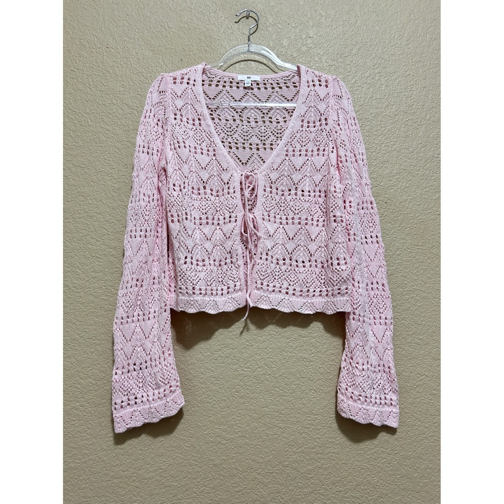 Nordstrom Small Pointelle Knit Tie Cardigan Pink Coquette Boho Crochet Sweater